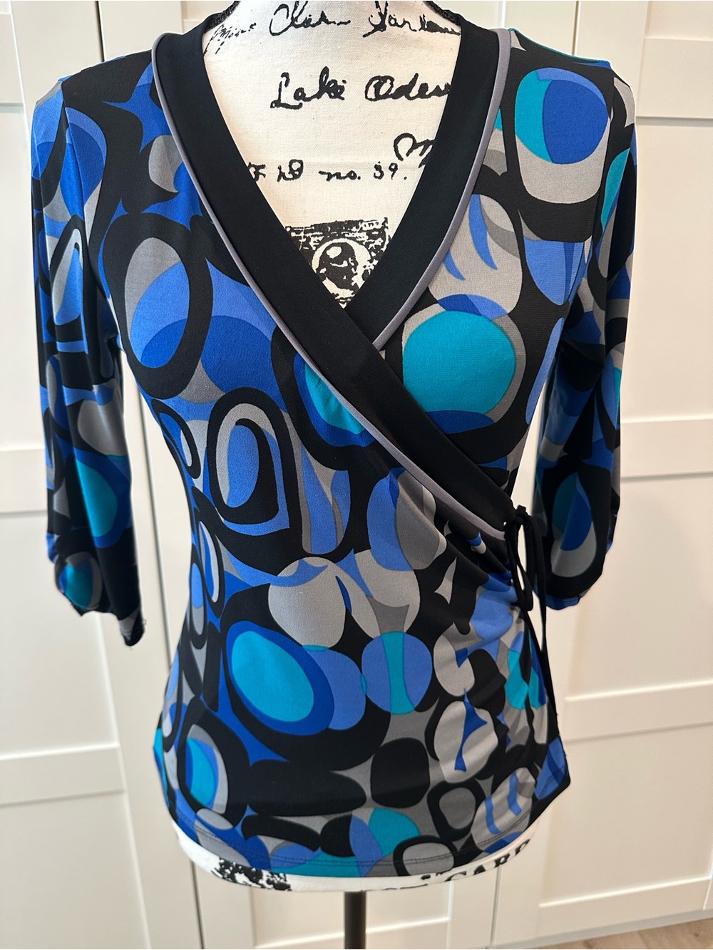 🩵BCX Blue & Gray Geometric Wrap-Style Blouse